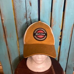 TaylorMade adjustable snapback golf hat tan white with patch on front